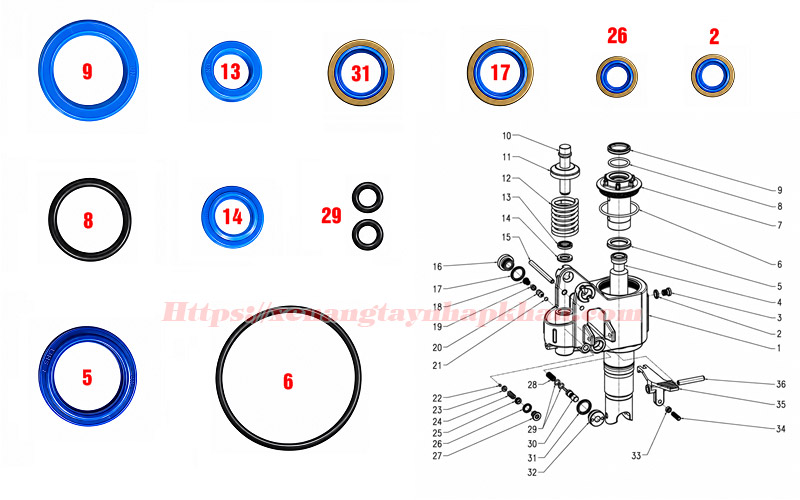Vị trí bộ phớt bơm BF 31.5mm